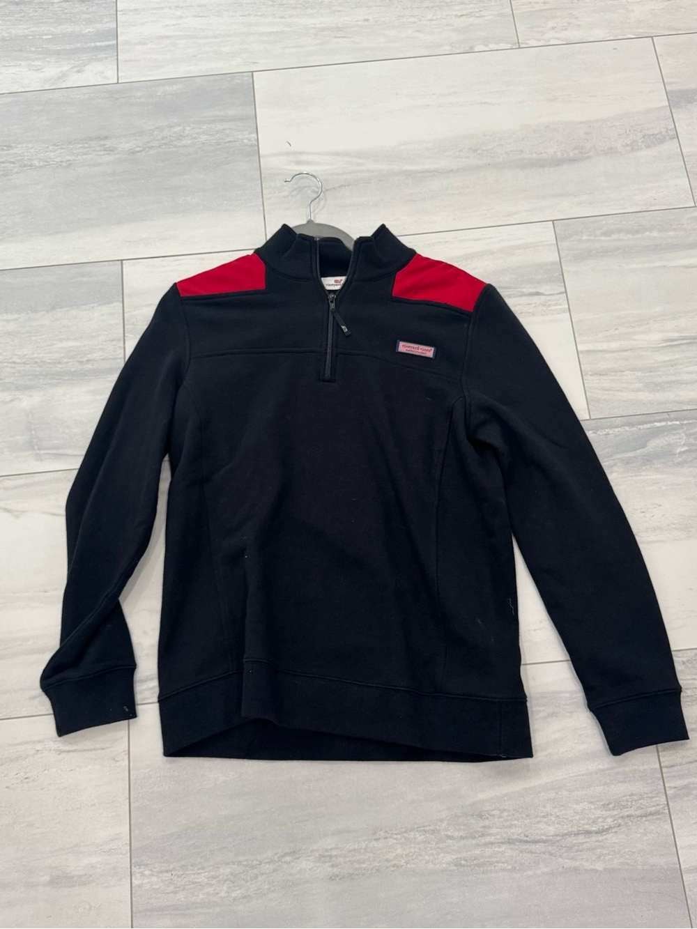 Vineyard Vines Shep Shirt Quarter-Zip Pullover Navy with Red Shoulder Panels